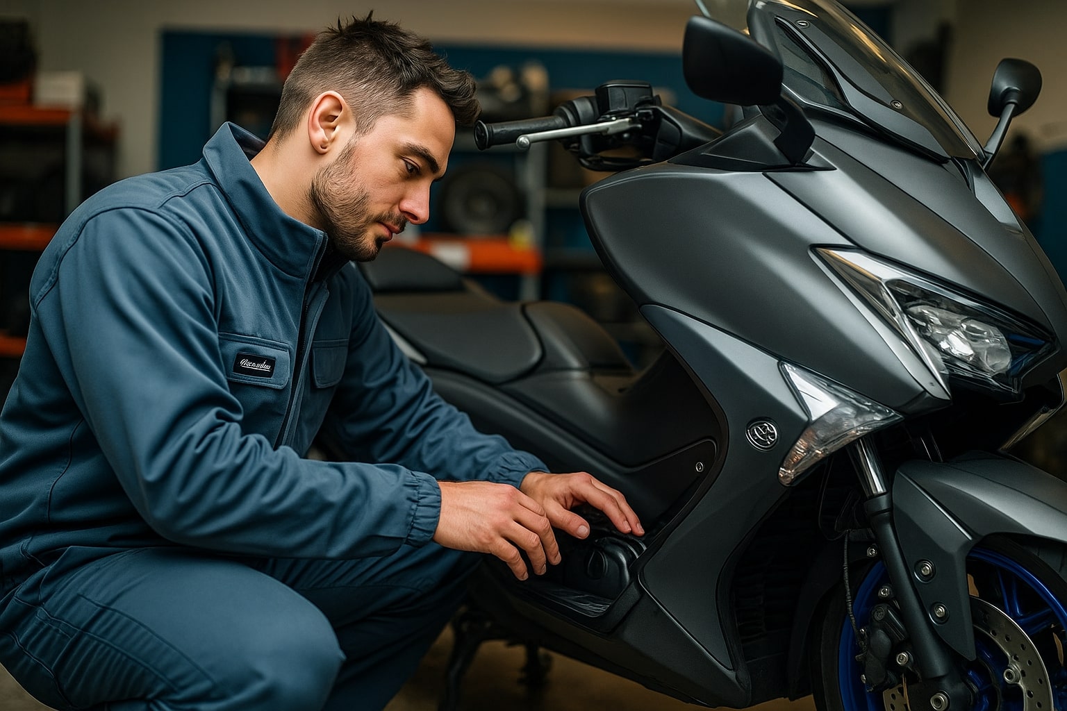 Mécanicien professionnel travaillant sur l'entretien d'un scooter